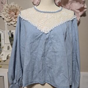ZARA Chambray Blue Lace Detail Blouse | XL